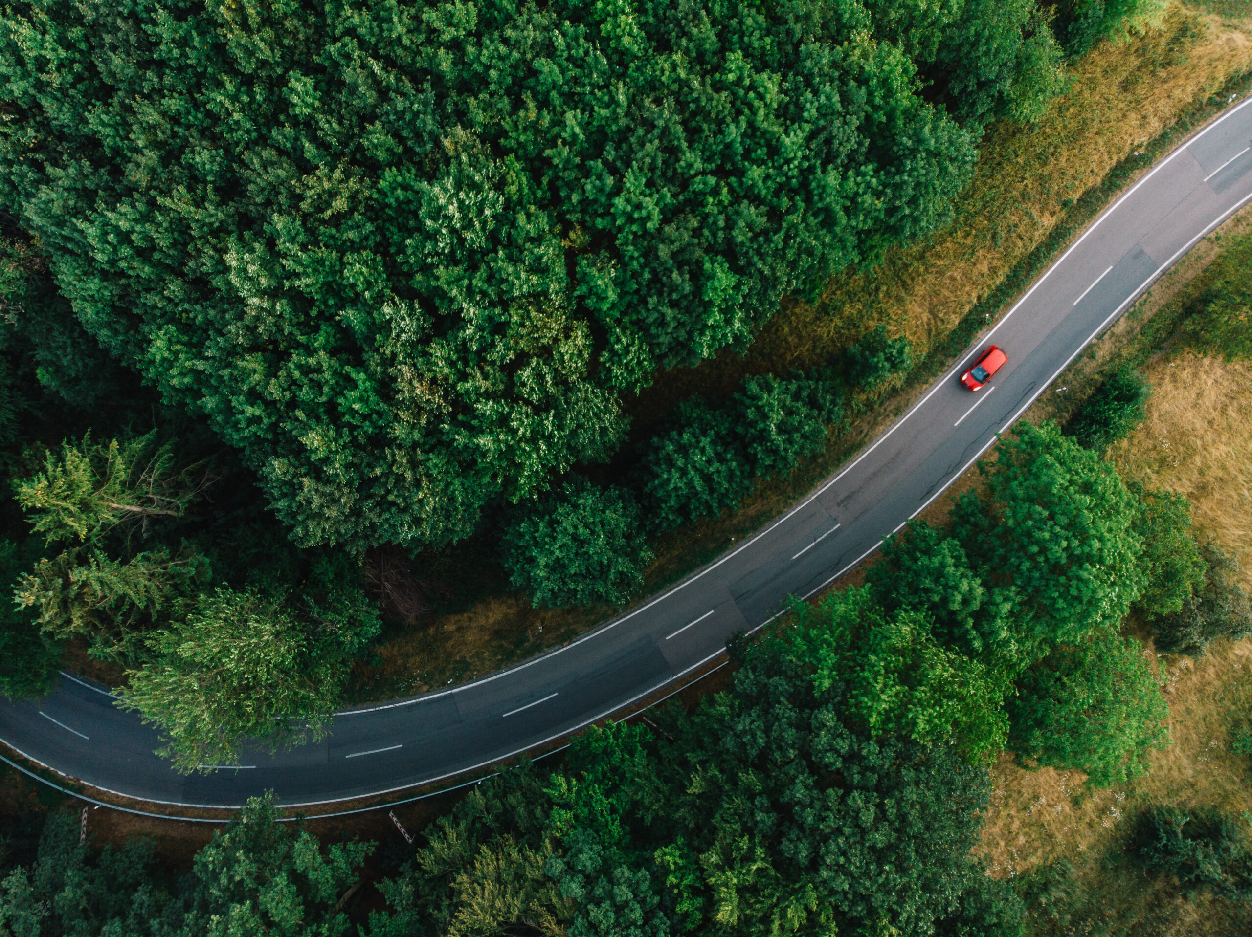 Explore East Cambs - Travel here. Stock photo of a red car on a winding road surrounded by trees