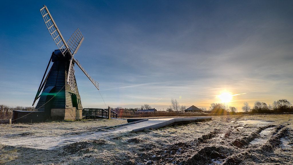 Things to do in East Cambs in Winter - windmill in frosty field